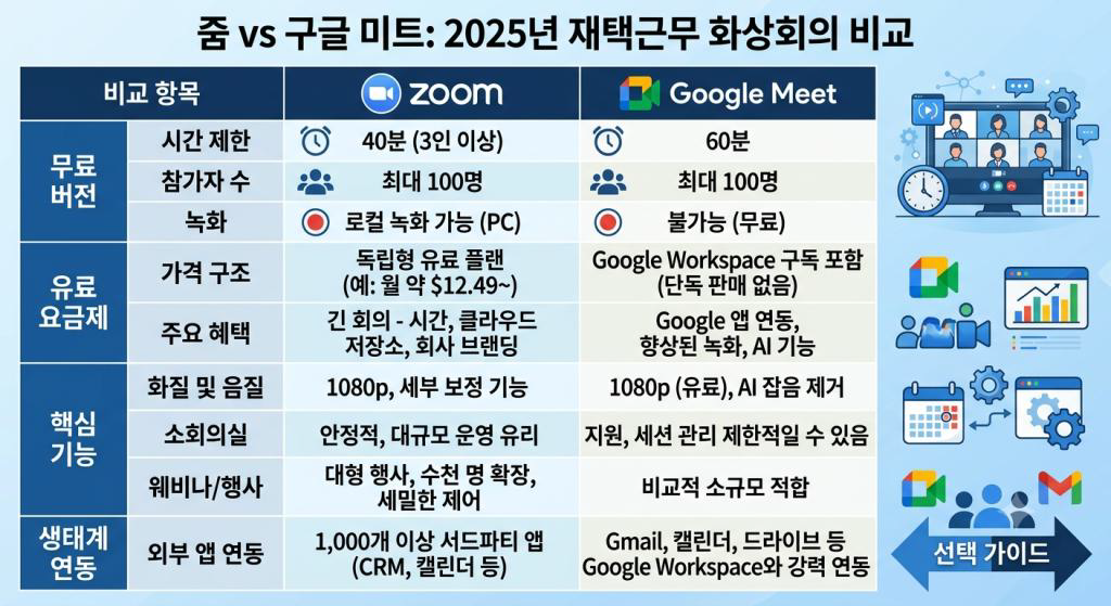 줌 vs 구글 미트 – 재택근무 화상회의 비교